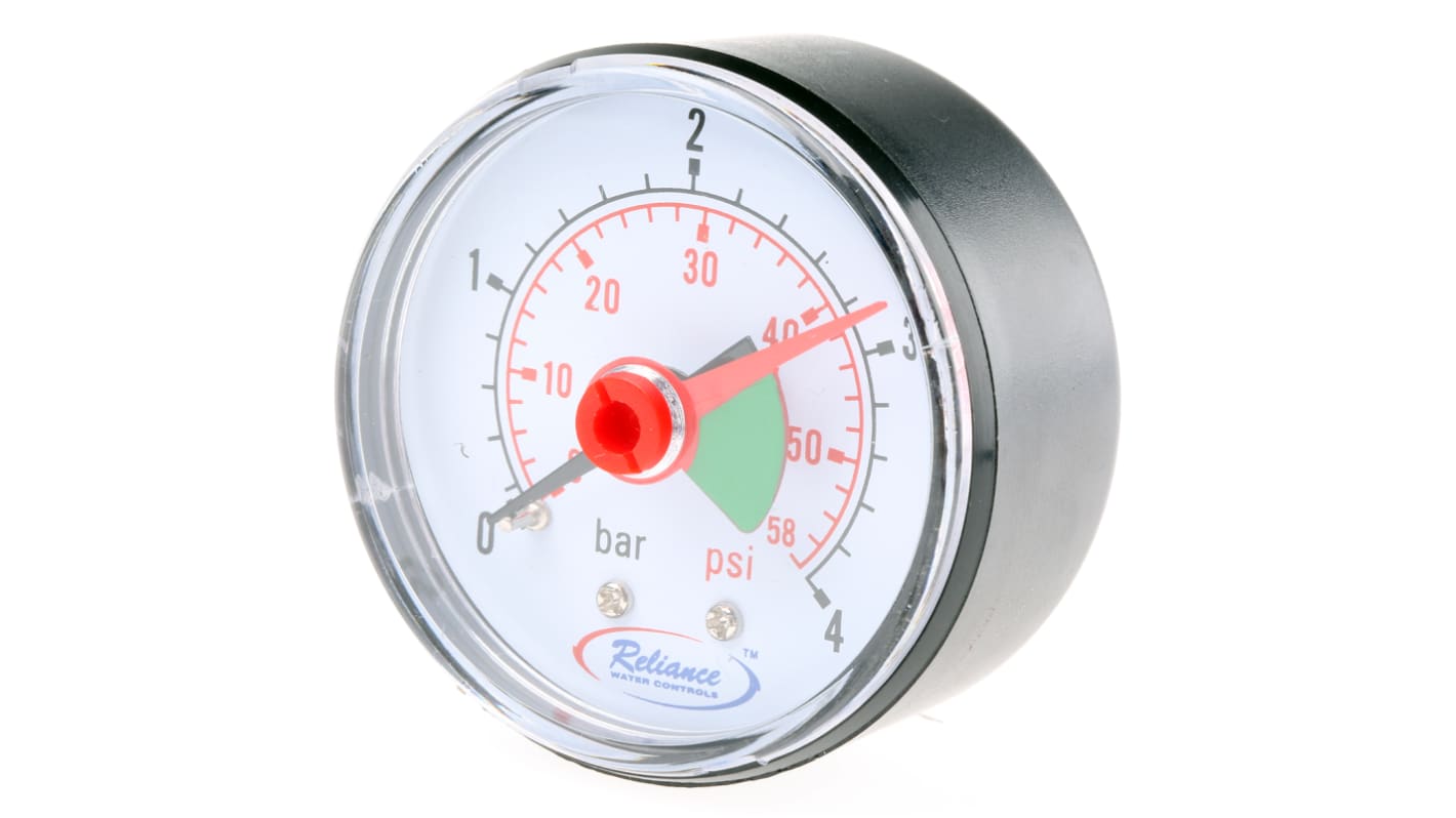 RS PRO Analogue Pressure Gauge 4bar Back Entry 50mm Outside Diameter