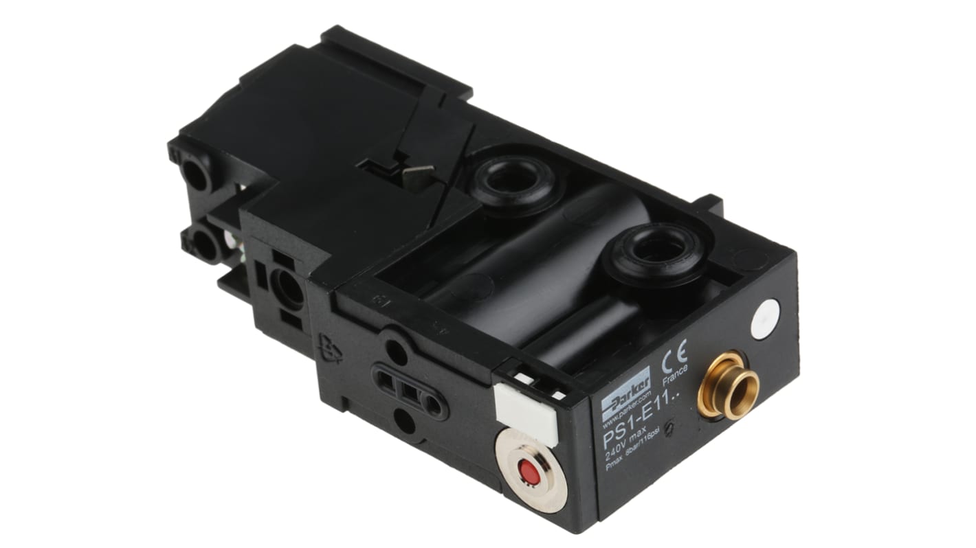 Parker Pneumatiske solenoidventiler, serie PS1, 3/2, Magnet/fjeder, DIN-skinne-manifold, 200l/min