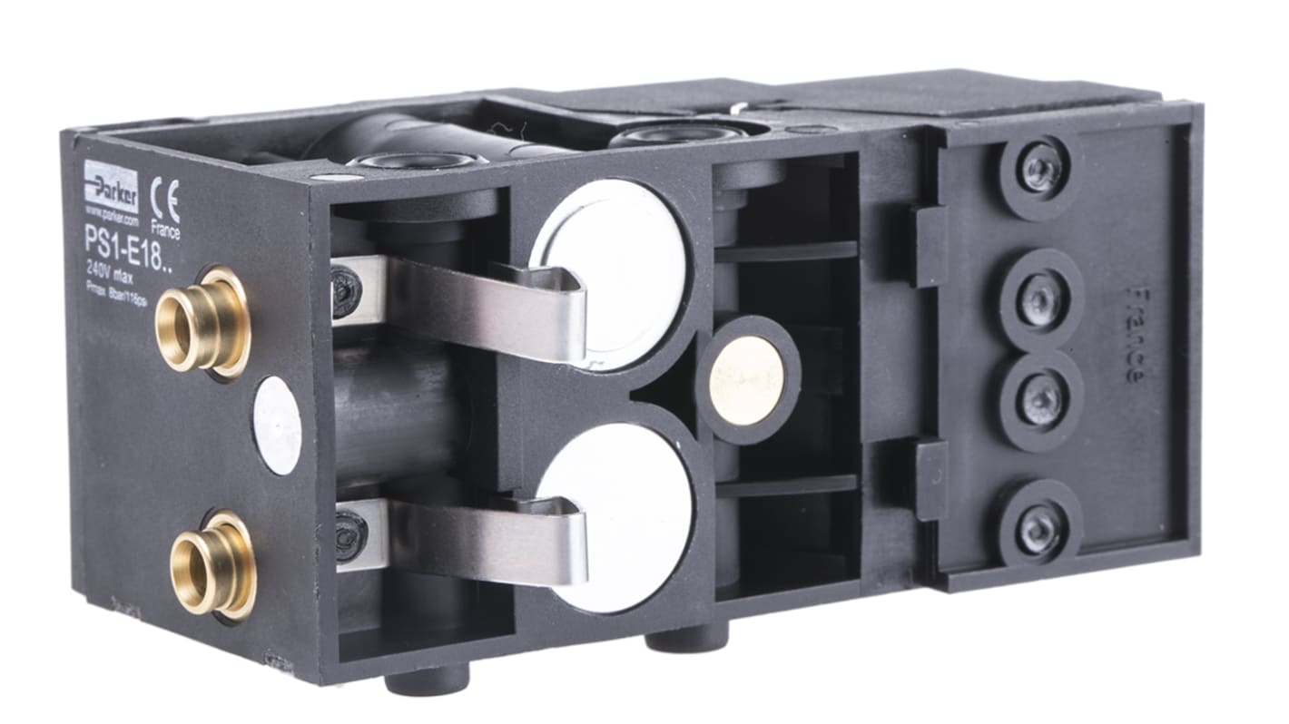 Parker Pneumatiske solenoidventiler, serie PS1, 4/2, Magnet/fjeder, DIN-skinne-manifold, 200l/min