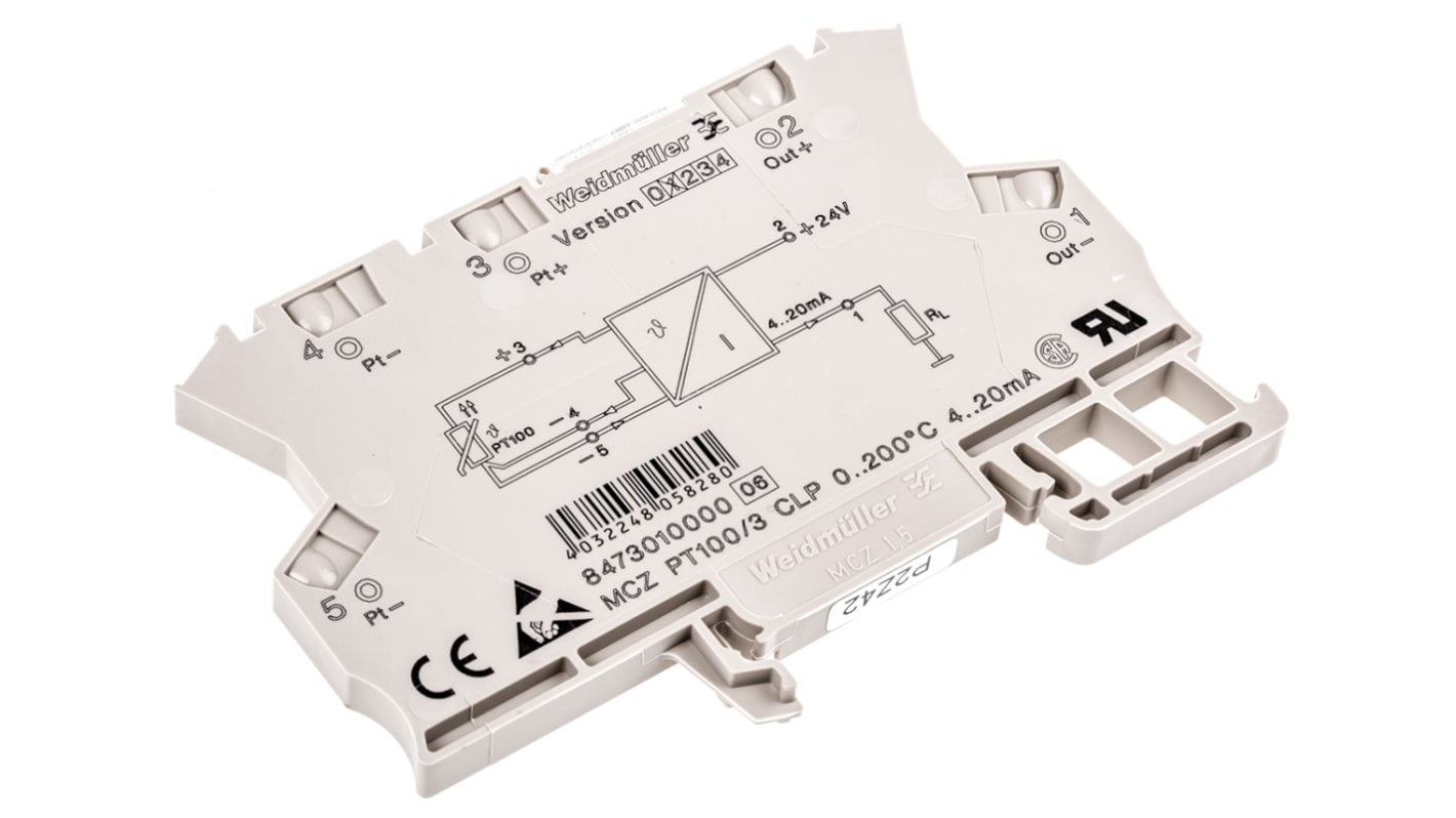 Weidmuller 温度转换器, 0 → 200°CRTD输入, 4 → 20.mA电流输出, 9 → 30V 直流, DIN导轨安装