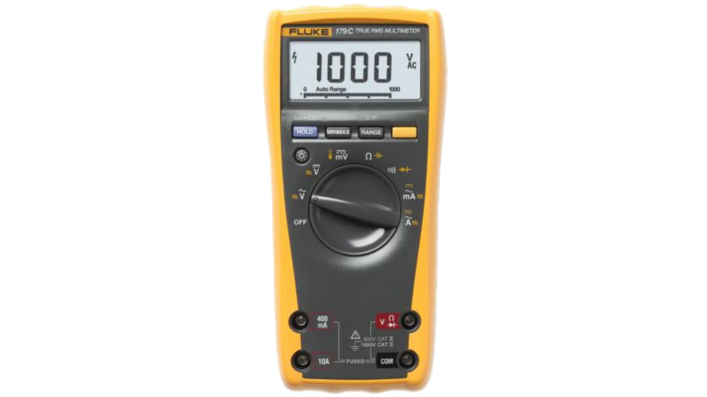 Fluke 179 Handheld Digital Multimeter, True RMS, 10A ac Max, 10A dc Max, 1000V ac Max