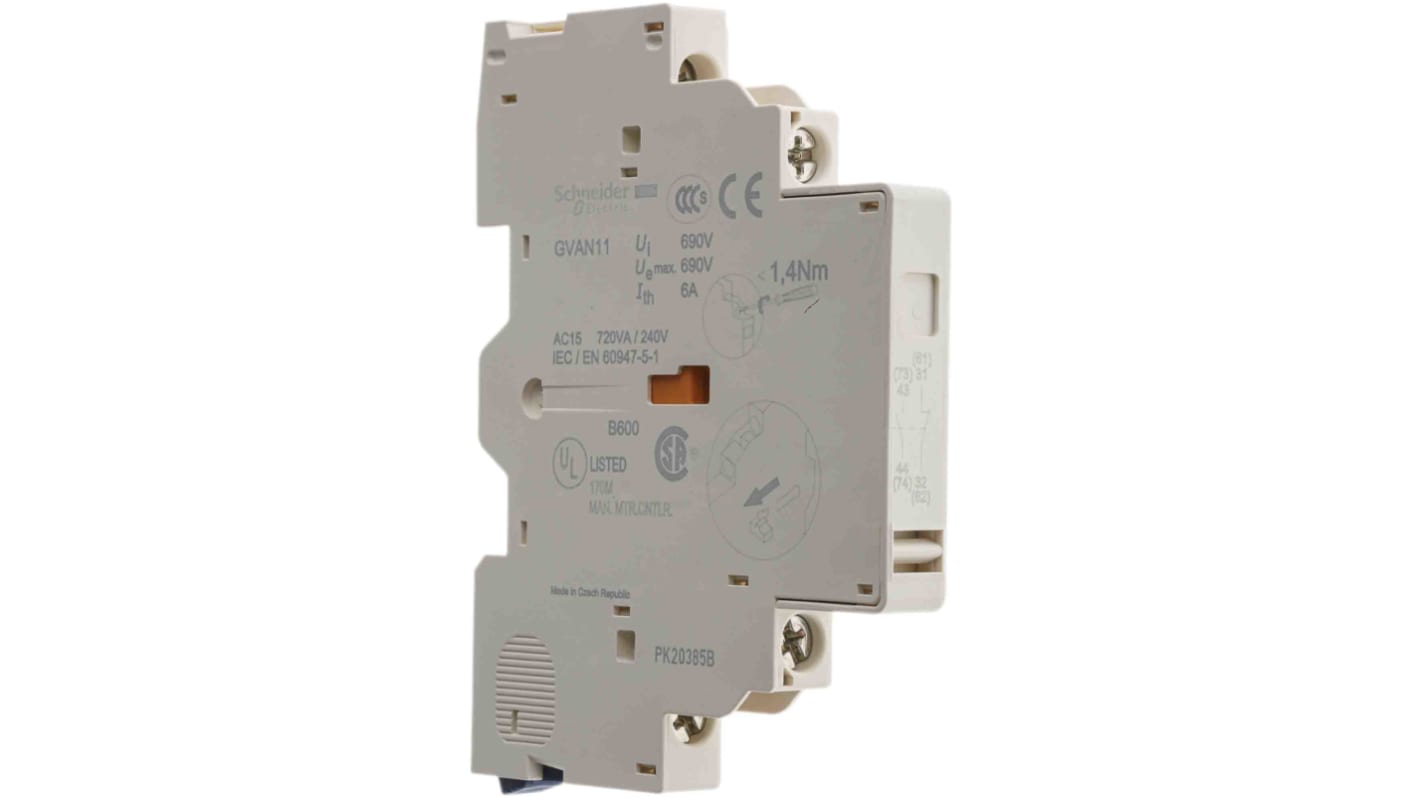 Contacto auxiliar Schneider Electric TeSys GVAN, montaje: Side Mount, terminal: Screw, 1NC + 1NA, 240 V dc, 690 V ac, 6