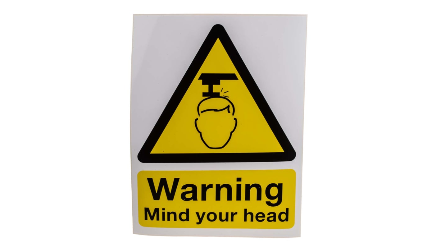 RS PRO Black/Yellow Vinyl Safety Labels, Warning Mind Your Head-Text 200 mm x 150mm