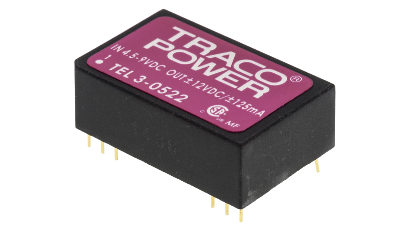 TRACOPOWER TEL 3 DC-DC Converter, ±12V dc/ ±125mA Output, 4.5 → 9 V dc Input, 3W, Through Hole, +85°C Max Temp