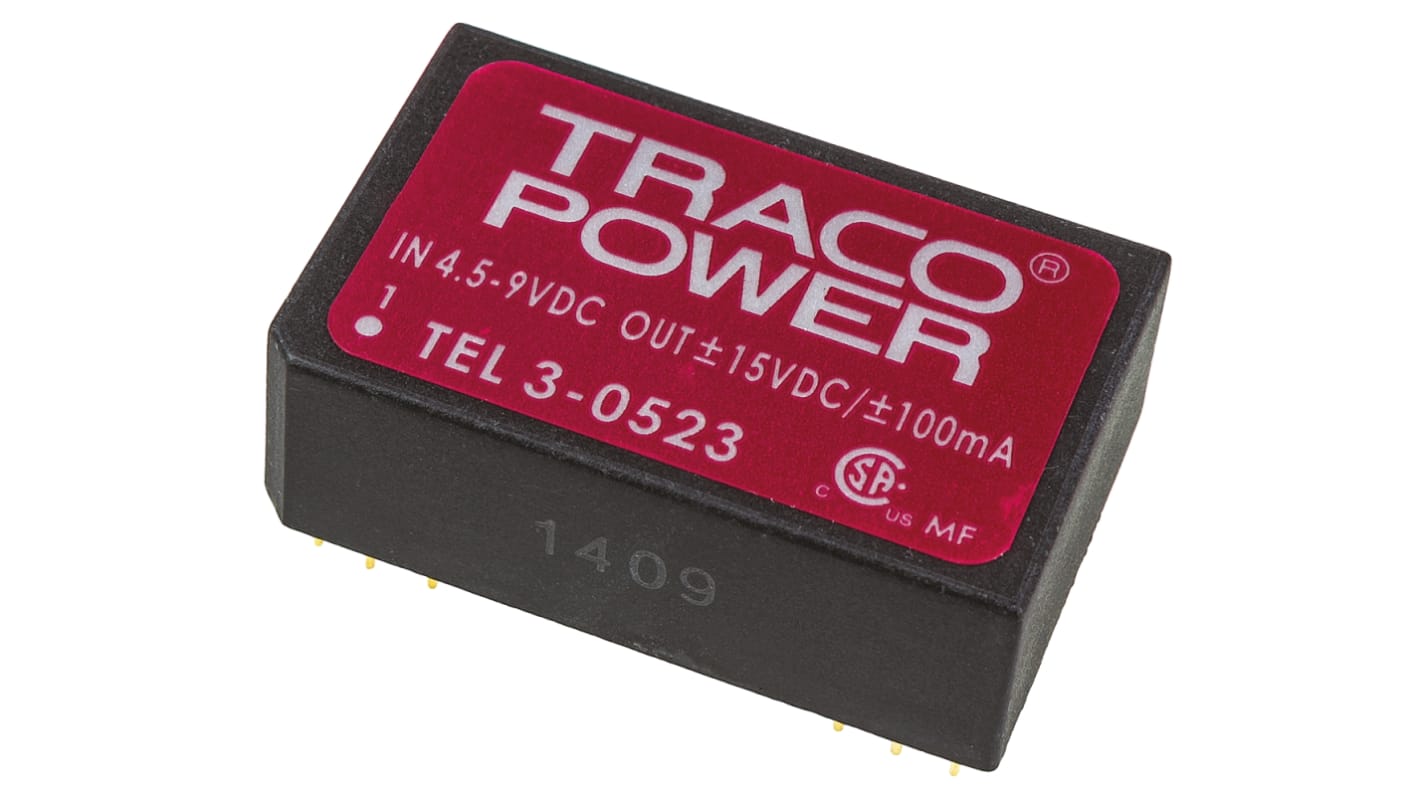 TRACOPOWER TEL 3 DC-DC Converter, ±15V dc/ ±100mA Output, 4.5 → 9 V dc Input, 3W, Through Hole, +85°C Max Temp