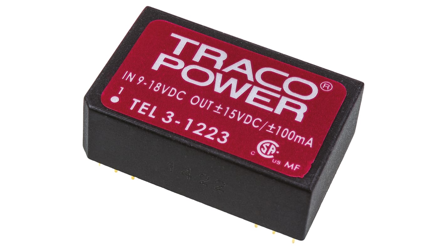 TRACOPOWER TEL 3 DC/DC-Wandler 3W 12 V dc IN, ±15V dc OUT / ±100mA Durchsteckmontage 1.5kV dc isoliert