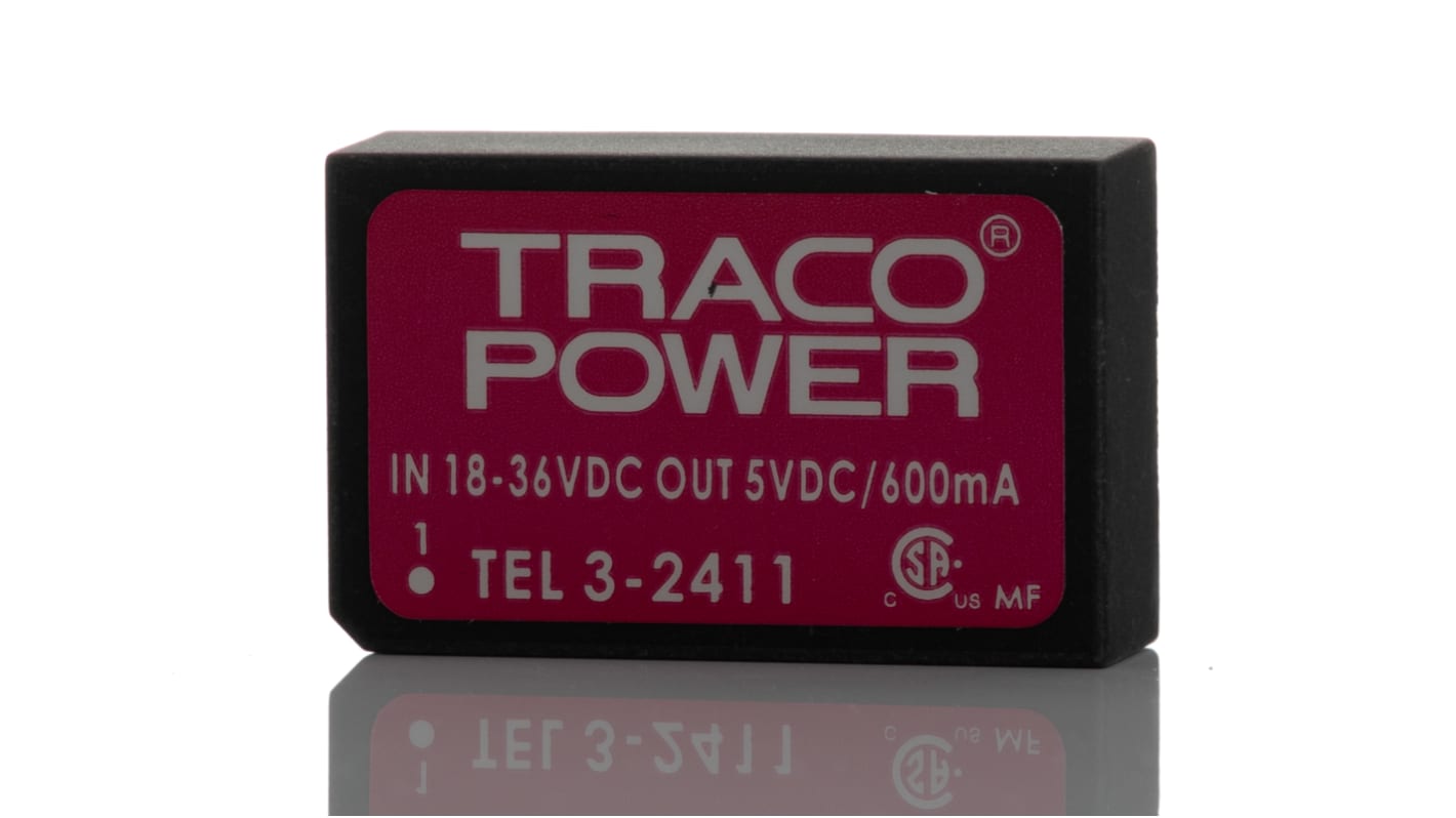 TRACOPOWER TEL 3 DC/DC-Wandler 3W 24 V dc IN, 5V dc OUT / 600mA Durchsteckmontage 1.5kV dc isoliert