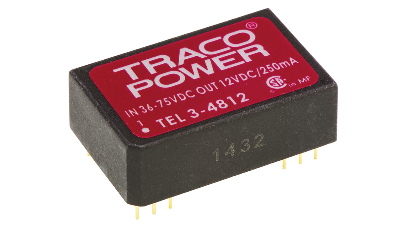 TRACOPOWER TEL 3 DC-DC Converter, 12V dc/ 250mA Output, 36 → 75 V dc Input, 3W, Through Hole, +85°C Max Temp