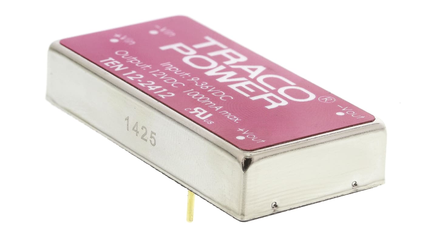 TRACOPOWER TEN 12 DC-DC Converter, 12V dc/ 1A Output, 9 → 36 V dc Input, 12W, Through Hole, +85°C Max Temp -40°C