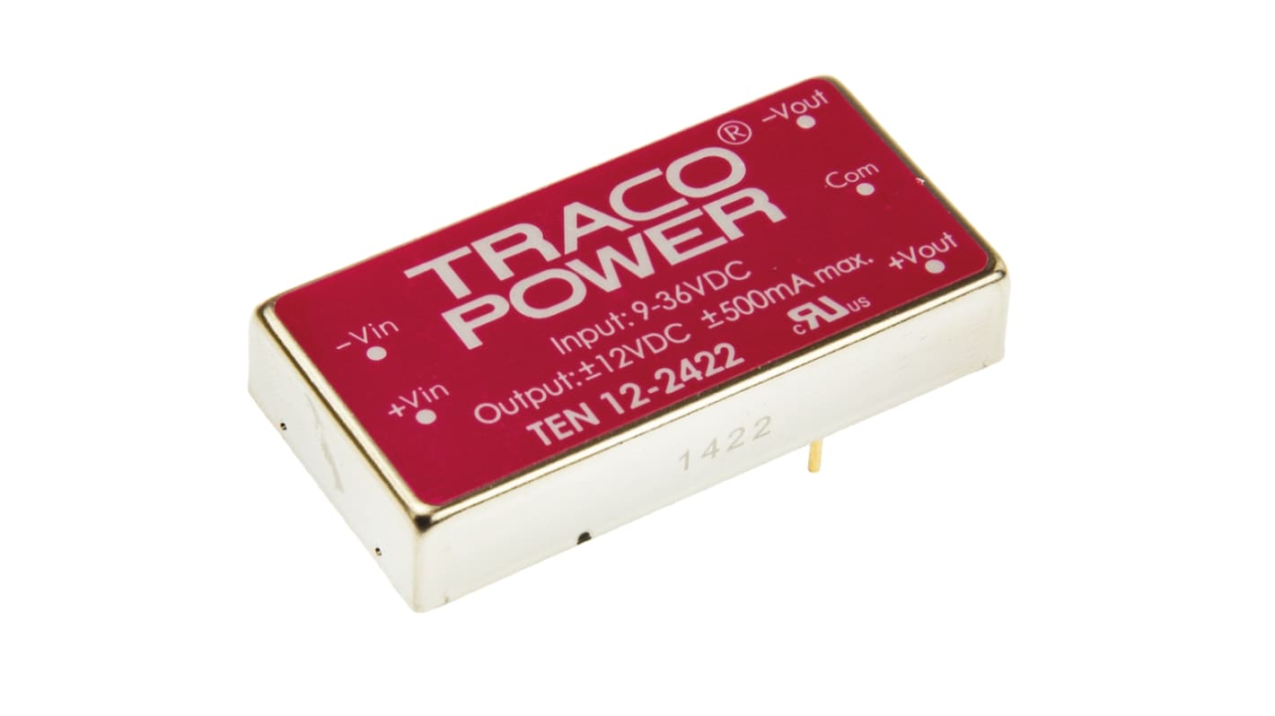 TRACOPOWER TEN 12 DC-DC Converter, ±12V dc/ ±500mA Output, 9 → 36 V dc Input, 12W, Through Hole, +85°C Max Temp