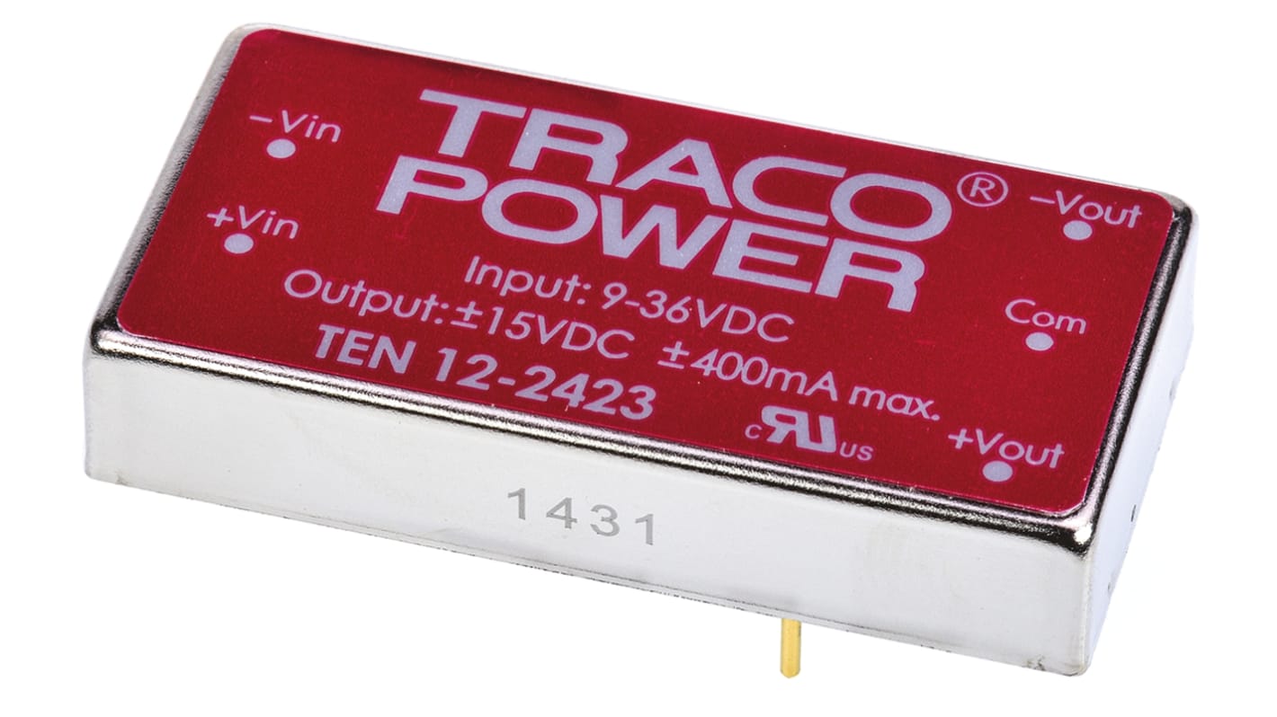 TRACOPOWER TEN 12 DC-DC Converter, ±15V dc/ ±400mA Output, 9 → 36 V dc Input, 12W, +85°C Max Temp -40°C Min Temp