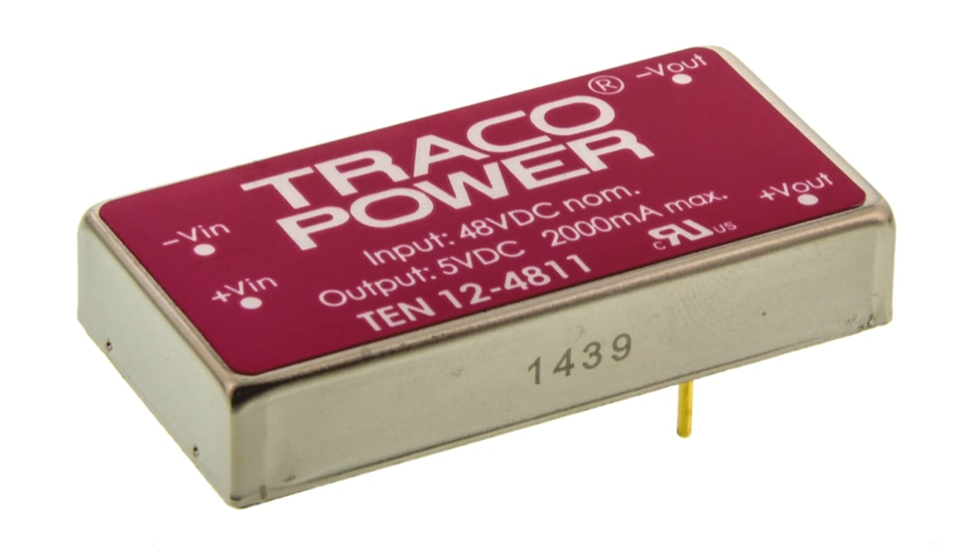 TRACOPOWER TEN 12 DC-DC Converter, 5V dc/ 2A Output, 18 → 75 V dc Input, 12W, Through Hole, +85°C Max Temp -40°C