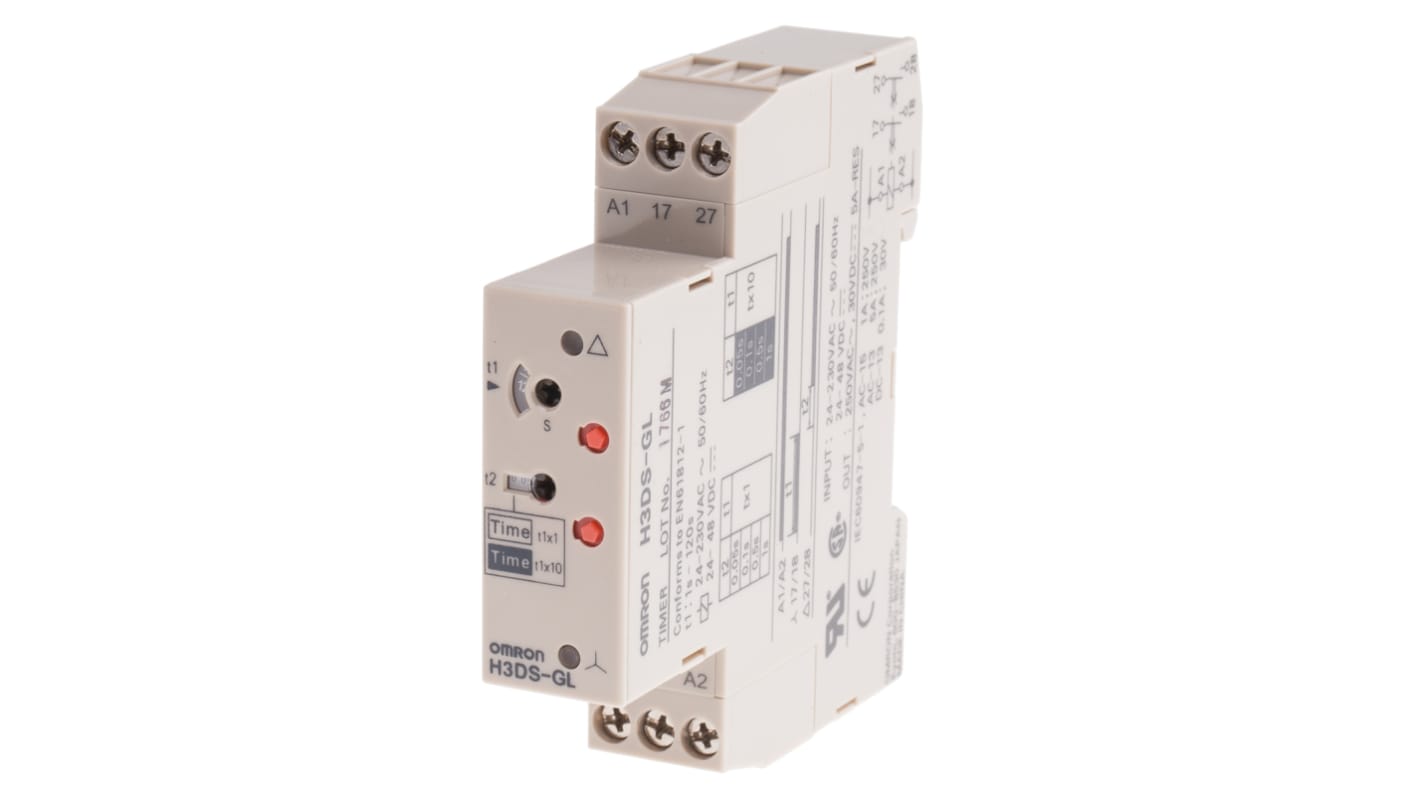 Omron H3DS Series DIN Rail Mount Timer Relay, 24 → 230 V ac, 24 → 48V dc, 2-Contact, 0.1 → 120s,