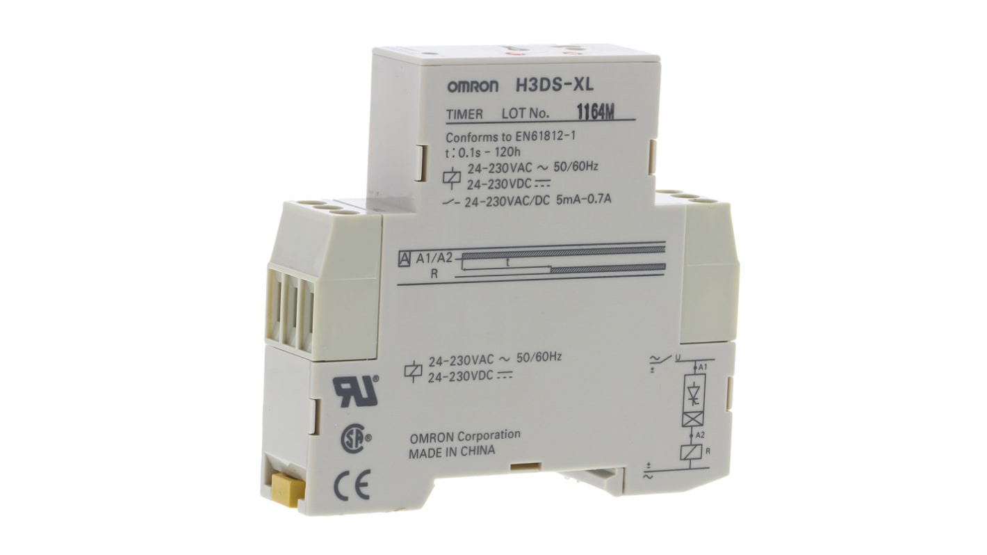 Omron H3DS Series DIN Rail Mount Timer Relay, 24 → 230V ac/dc, 1-Contact, 0.1 s → 120h, 1-Function