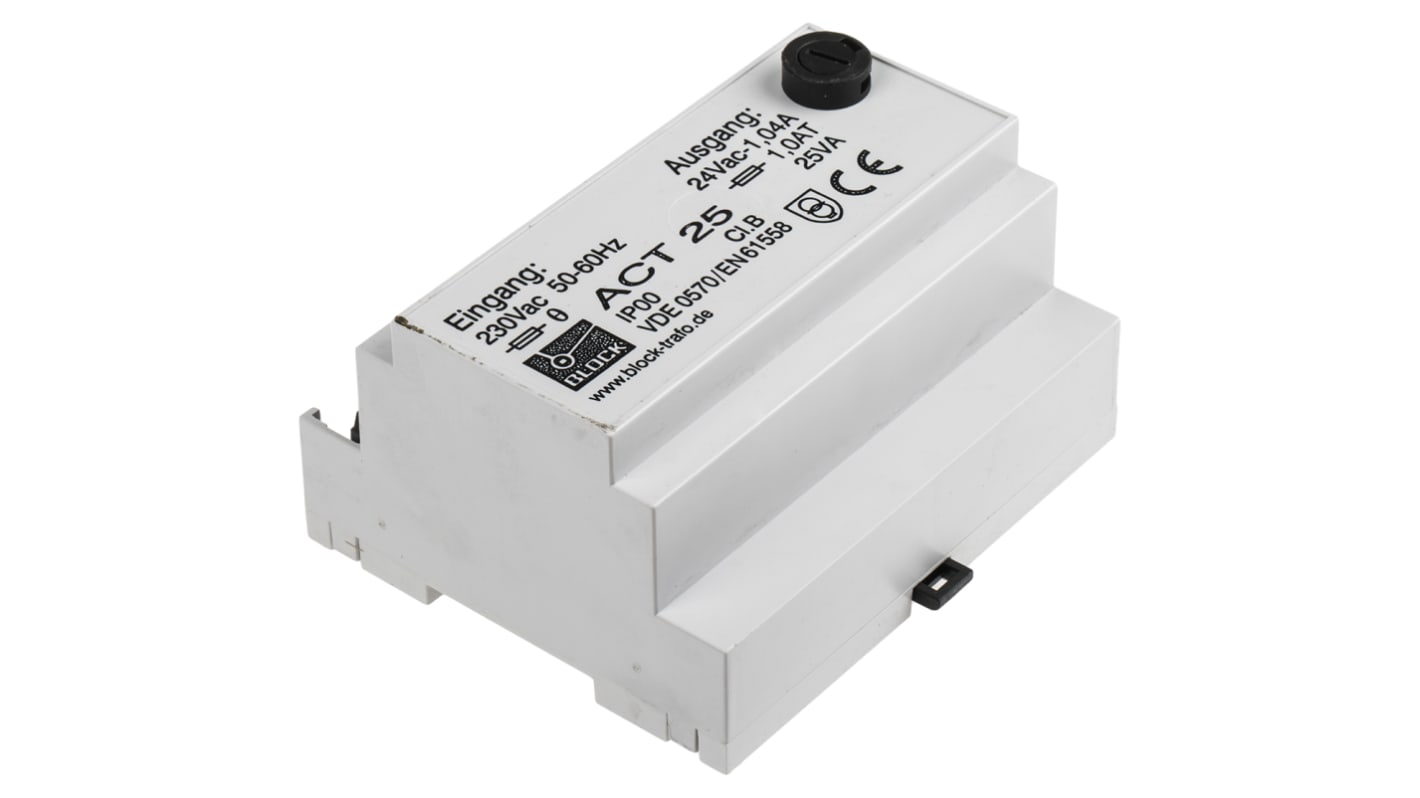 Block 25VA DIN Rail Transformer, 230V ac Primary, 24V ac Secondary