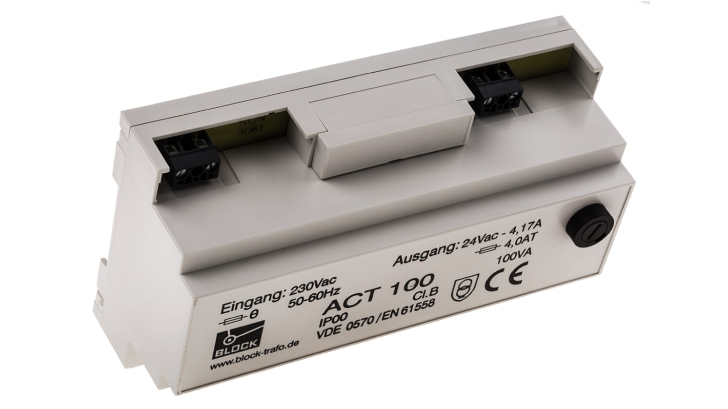 Block 100VA DIN Rail Transformer, 230V ac Primary, 24V ac Secondary