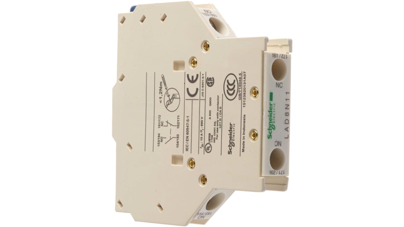 Schneider Electric Auxiliary Contact Block, 2 Contact, 1NO + 1NC, Side, TeSys LAD8