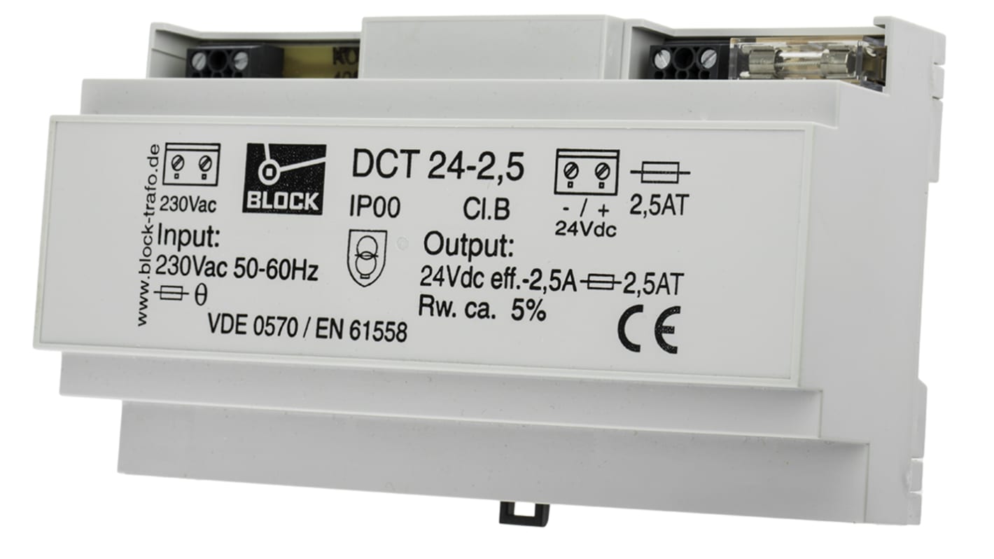 Block DCT Linear DIN Rail Power Supply, 230V ac ac Input, 24V dc dc Output, 2.5A Output, 60W