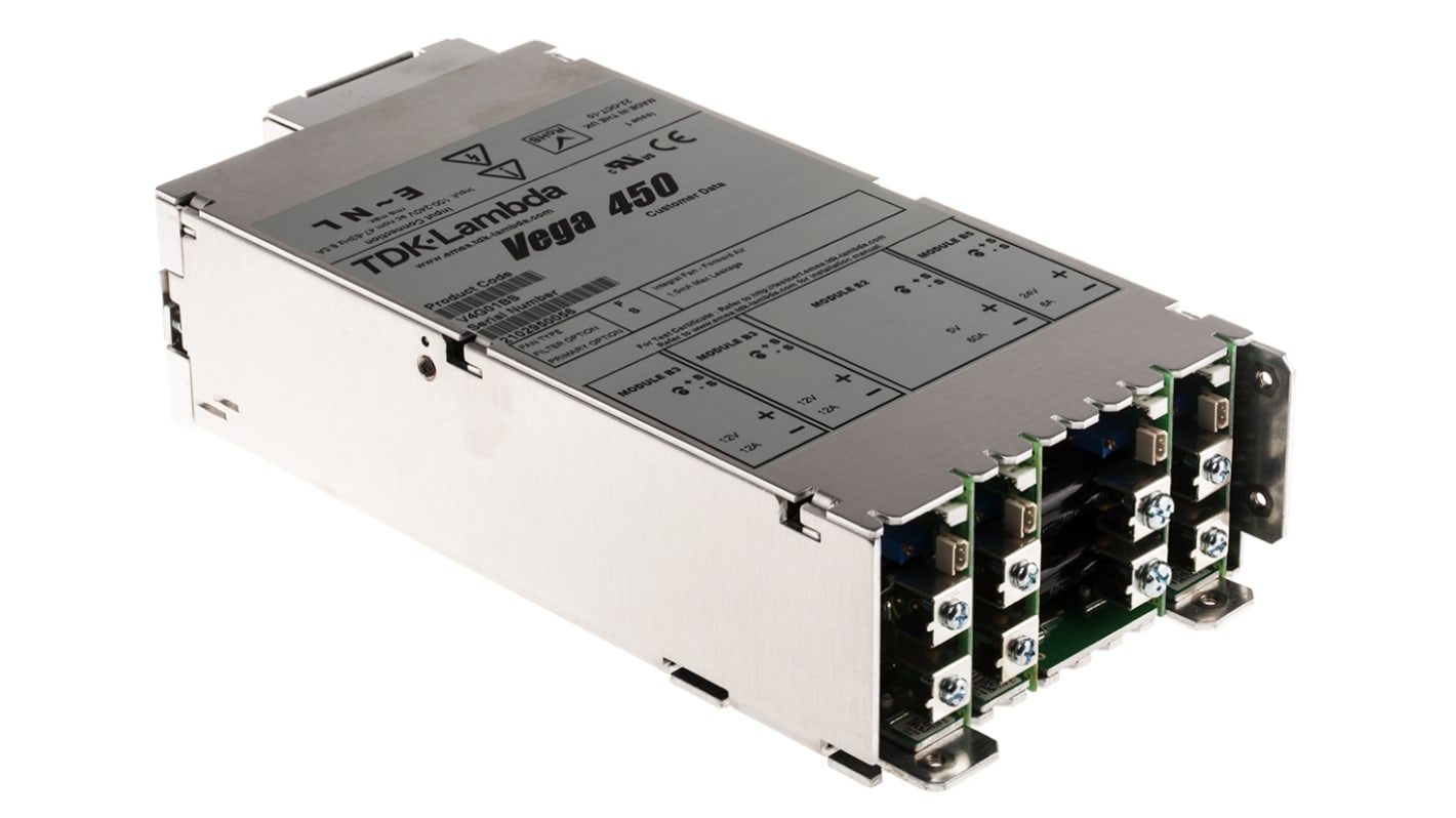 TDK-Lambda 450W开关电源, 5 V dc, 12 V dc, 24 V dc, 6 A, 12 A, 60 A, 4路输出, 底盘安装