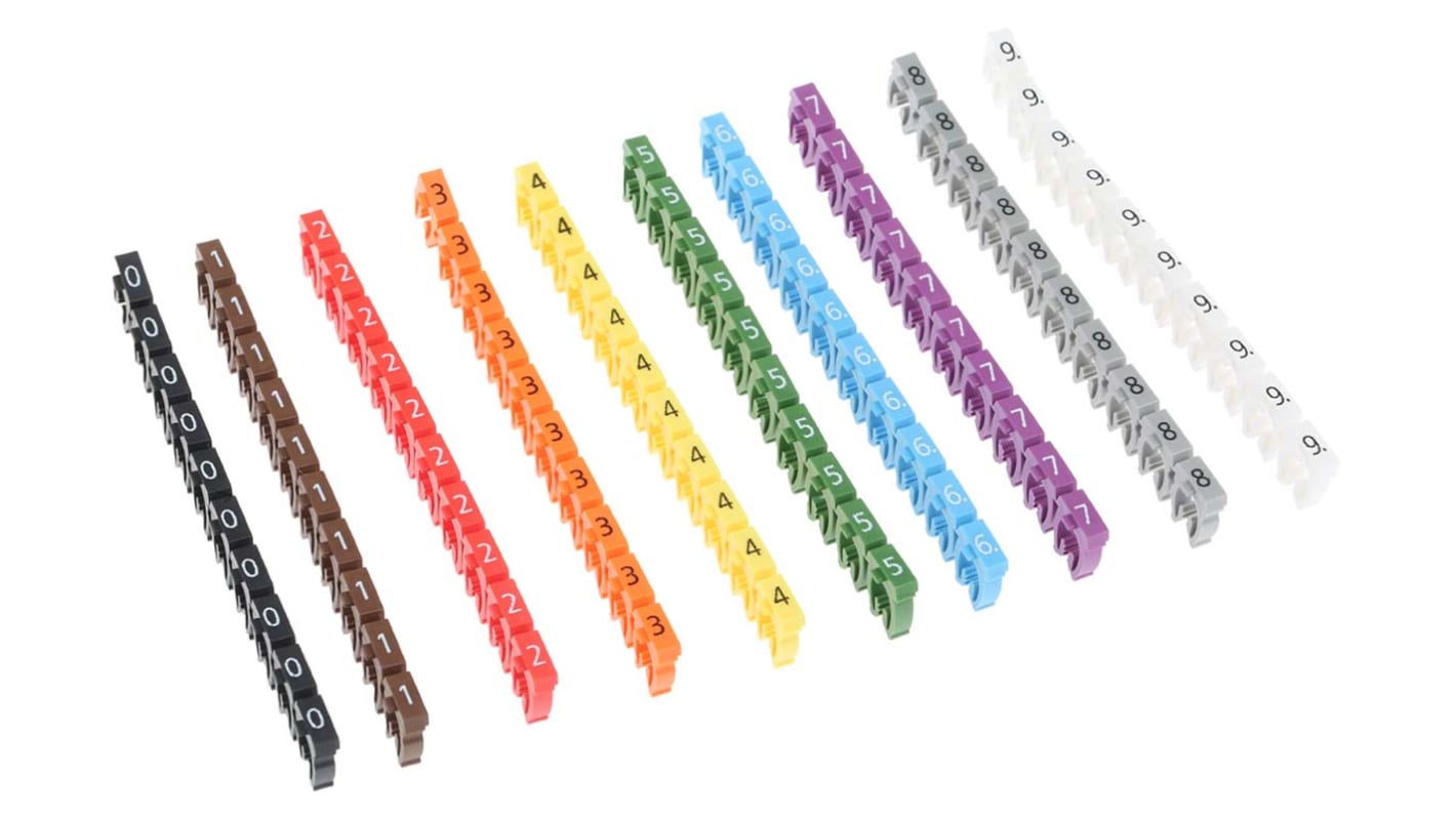 HellermannTyton WIC3 Snap On Cable Markers, assorted colours, Pre-printed "0 → 9", 4.3 → 5.3 Cable,