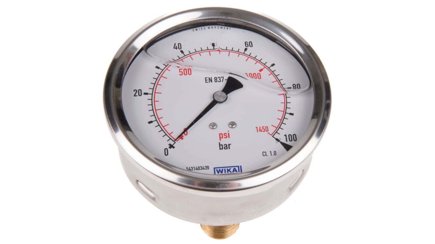 WIKA Analogue Pressure Gauge 100bar Back Entry, 7656072, 0bar min.