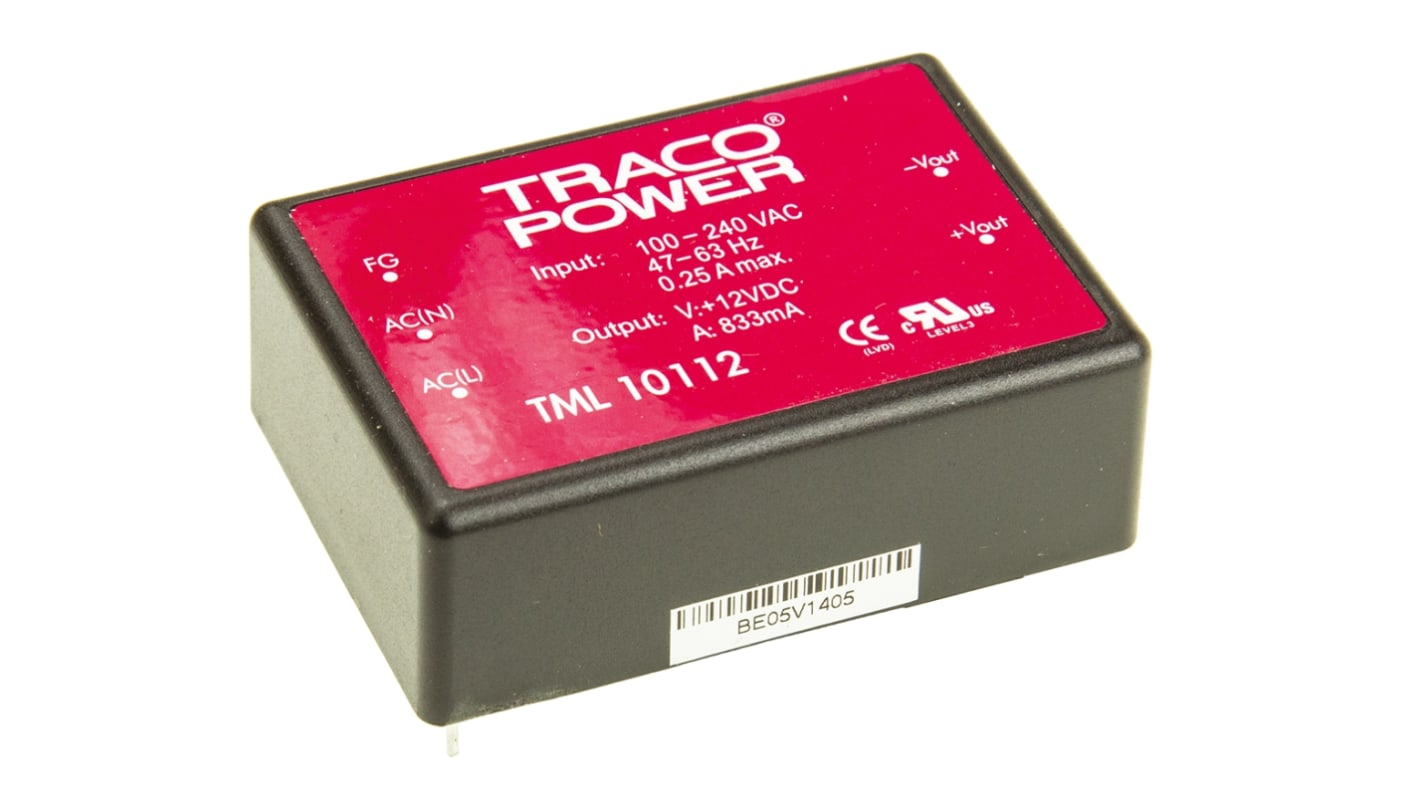 TRACOPOWER Embedded Switch Mode Power Supply SMPS, TML 10112, 12V dc, 833mA, 10W, 1 Output, 85 → 264 V ac, 85