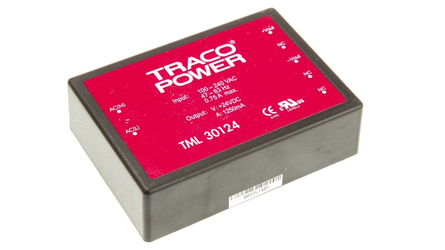 Alimentatore switching integrato TRACOPOWER TML 30124, 30W, ingresso 100 → 370 V dc, 85 → 264 V ac,