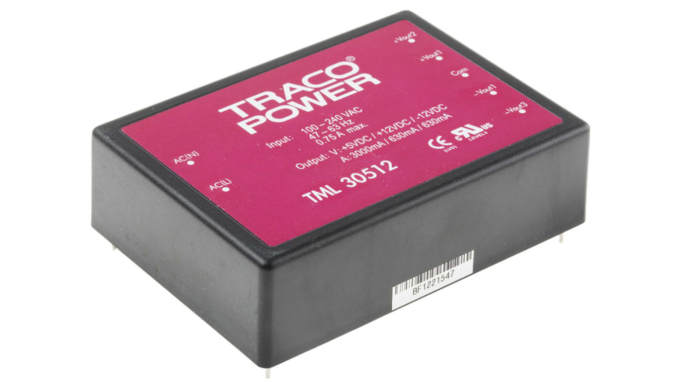 TRACOPOWER Switching Power Supply, TML 30512, 5 V dc, ±12 V dc, 3 A, 630 mA, 30W, Triple Output, 100 → 370 V dc,