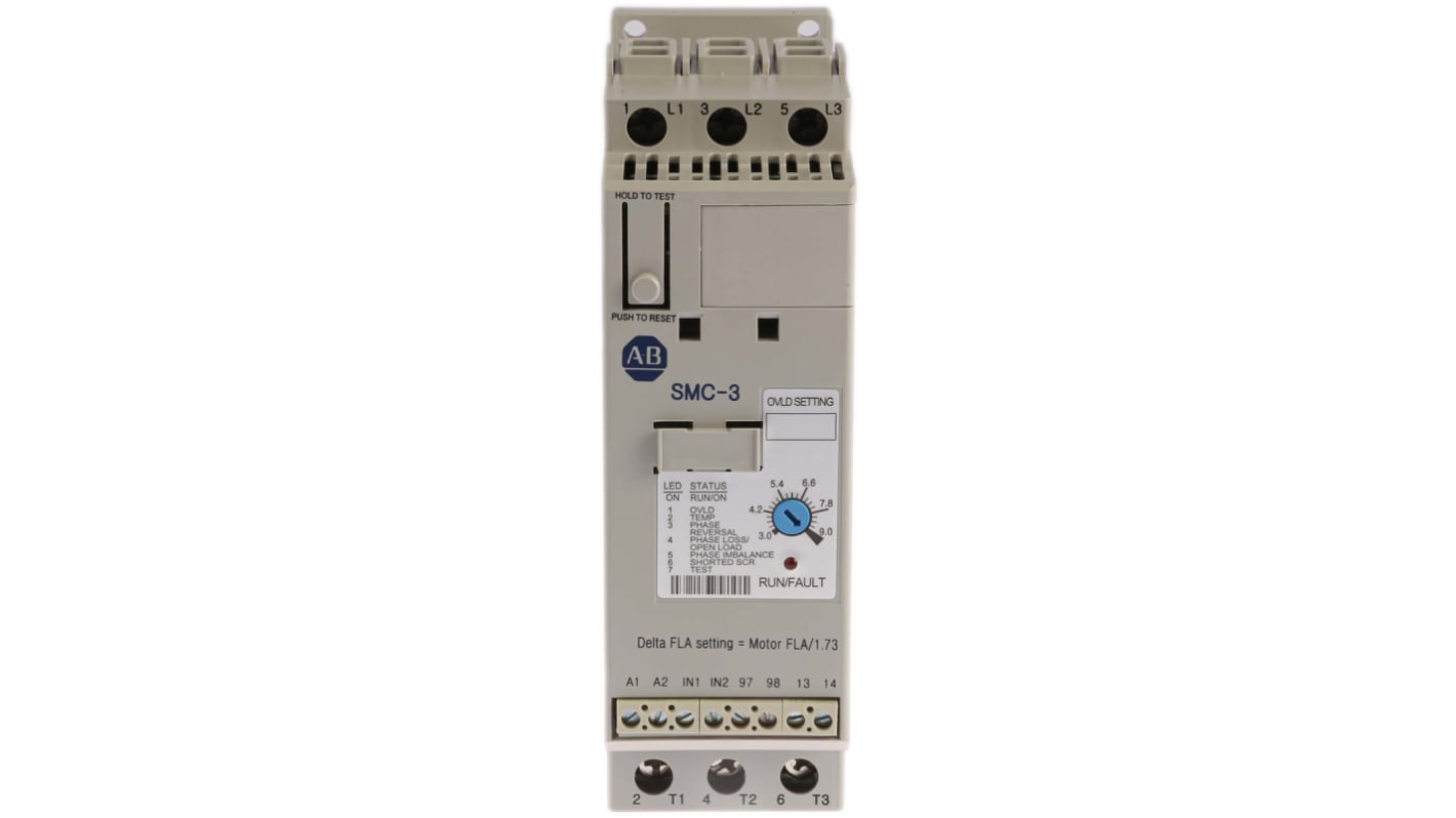 Allen Bradley 软启动器, 3相, 4 kW, 460 V 交流, 9 A, IP2X, 100mm x 44.8mm x 139.7mm, SMC-3系列