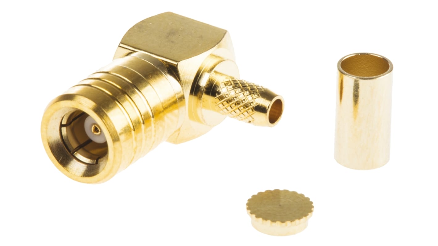 TE Connectivity, jack Cable Mount SMB Connector, 50Ω, Crimp, Solder Termination, Right Angle Body