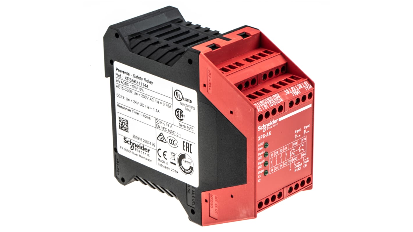 Relè di sicurezza Schneider Electric XPS AK, 24V ca/cc, 2 canali, 3 contatti di sicurezza