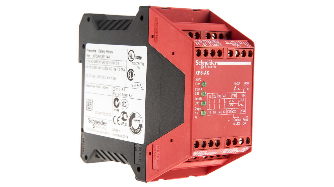 Schneider Electric Preventa XPS XPSAK 1 Auxiliary Contacts Safety Relay 110V ac, Dual-Channel 3 Safety Contacts