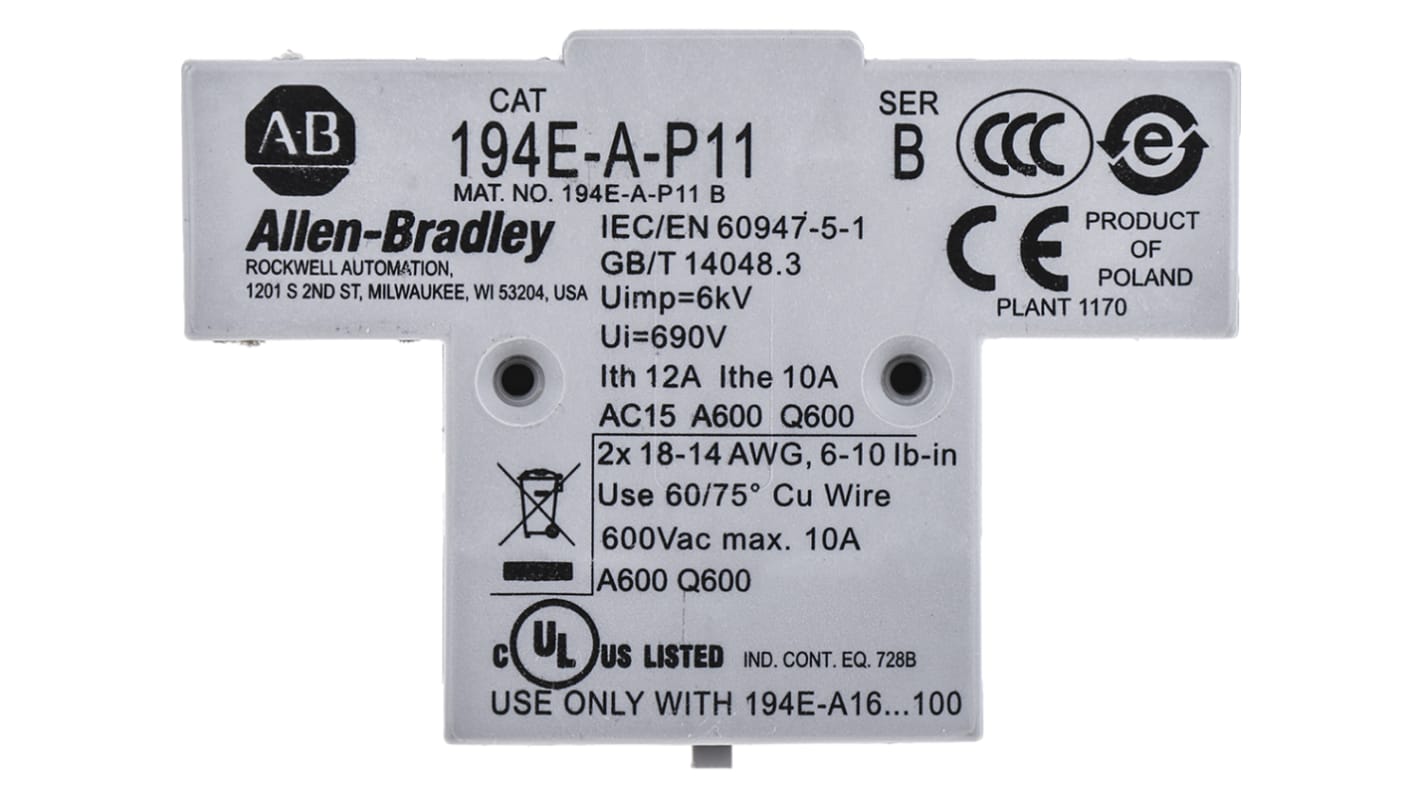 Allen Bradley Auxiliary Contact, 2 Contact, 1NC + 1NO, Side Mount 194