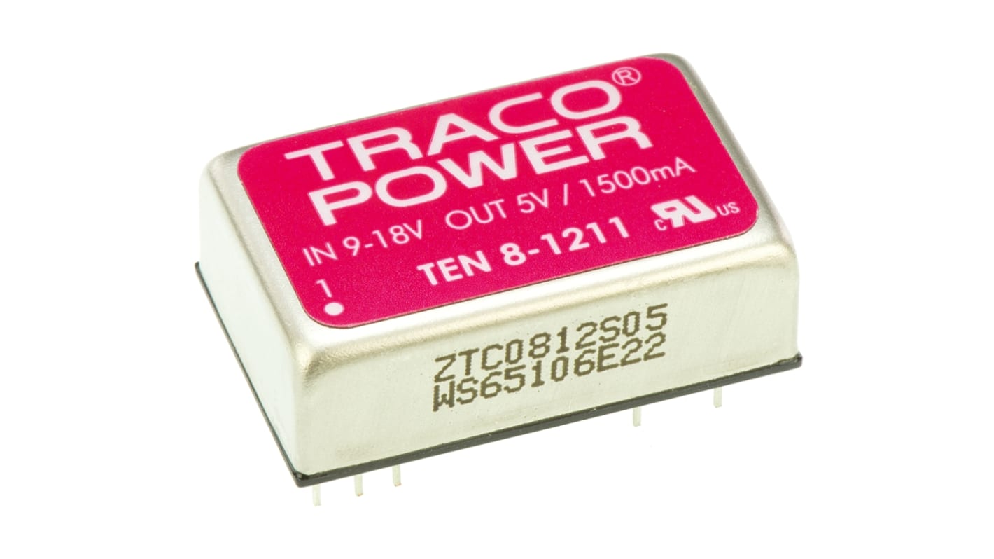 TRACOPOWER TEN 8 DC-DC Converter, 5V dc/ 1.5A Output, 9 → 18 V dc Input, 8W, Through Hole, +85°C Max Temp -40°C