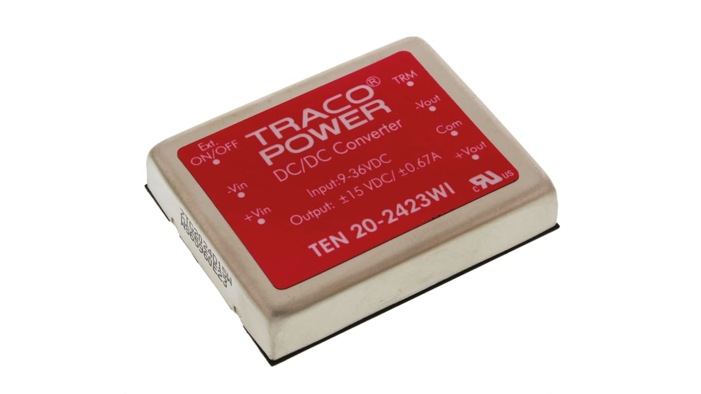 TRACOPOWER TEN 20WI DC-DC Converter, ±15V dc/ ±665mA Output, 9 → 36 V dc Input, 20W, Through Hole, +85°C Max