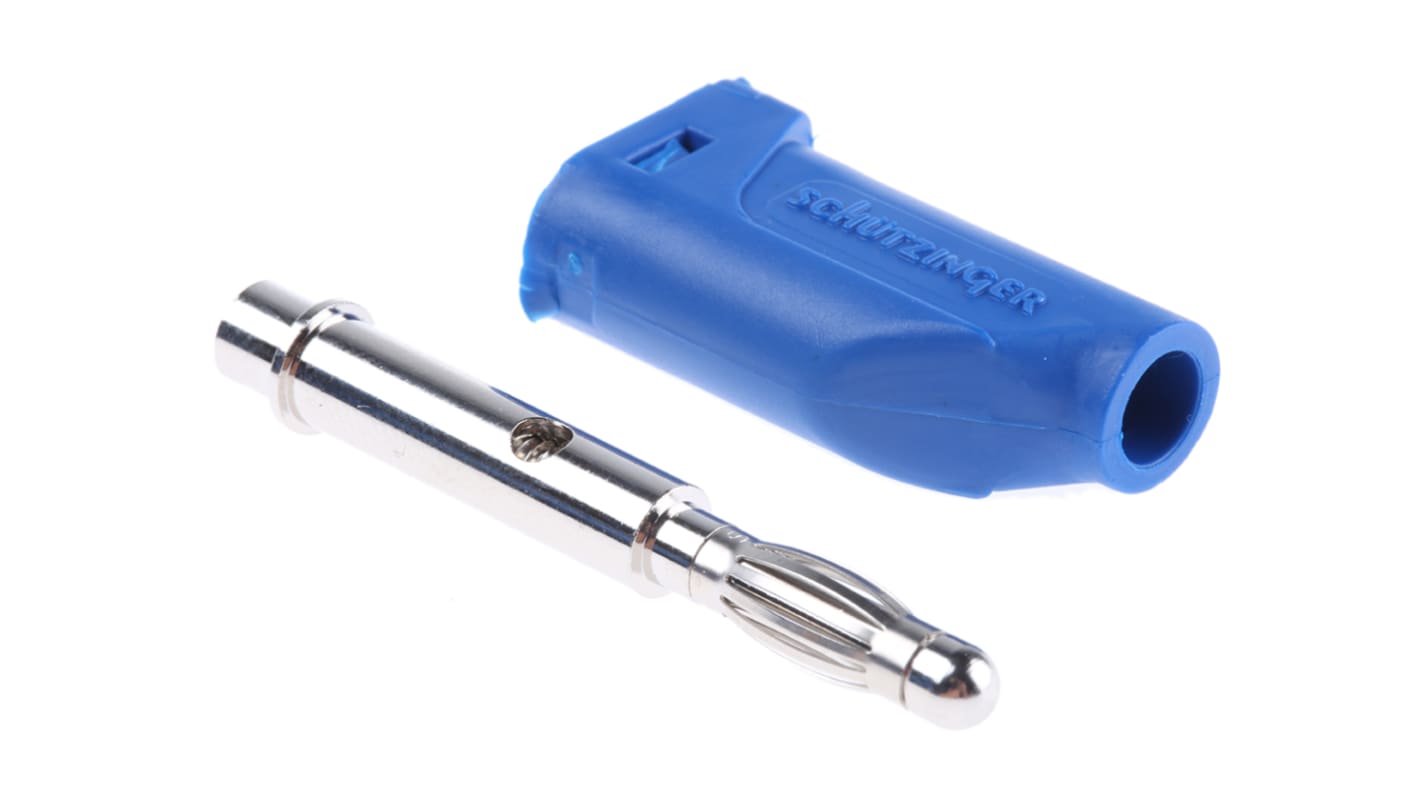 Schutzinger Blue Male Banana Plug, 4 mm Connector, Screw Termination, 16A, 30 V ac, 60V dc, Nickel Plating