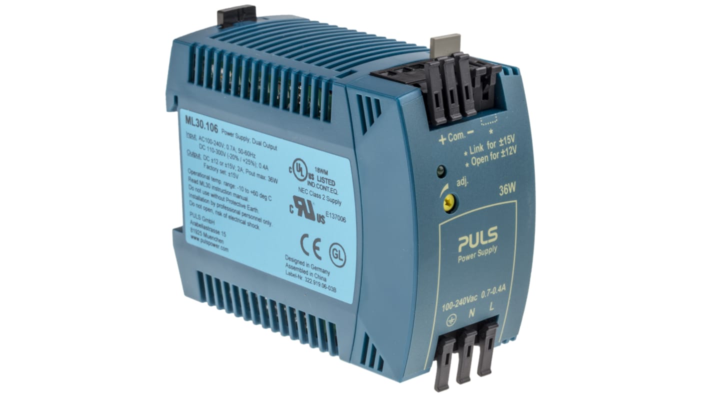 PULS MiniLine MLY MiniLine 2-Kanal Getaktet DIN-Schienen Netzteil 36W, 100 → 240V ac, ±12 V dc, ±15 V dc / 1.5A