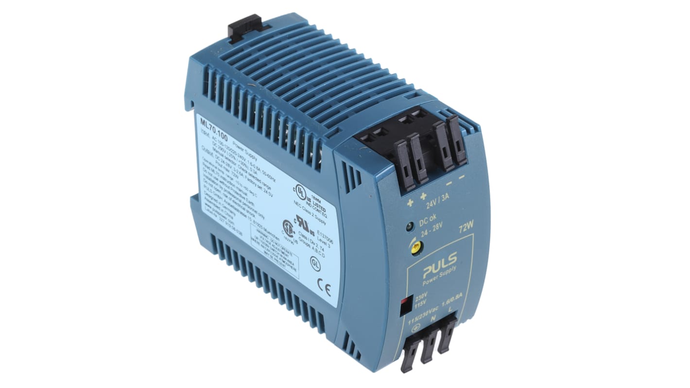 Alimentatore a montaggio su guida DIN PULS, 24V cc, 3A, 220 → 240 V ac / 290V cc, 72W