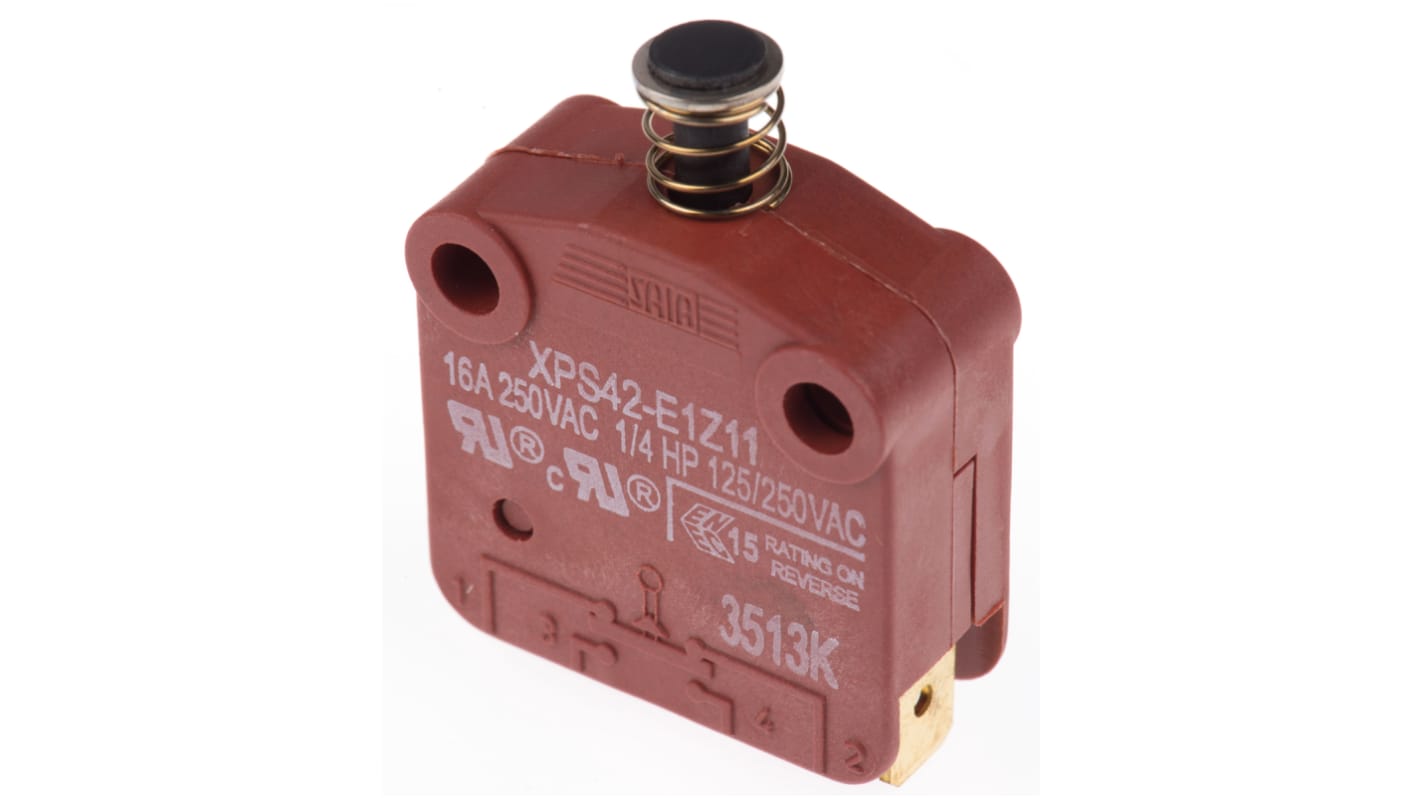 Saia-Burgess Door Micro Switch, Plunger, SPST 16 A @ 250 V ac IP40, -20 → +140°C