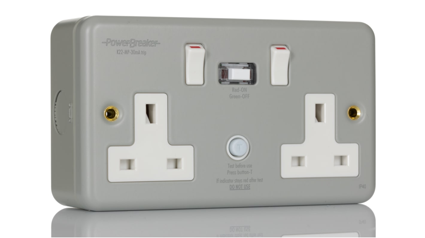 Powerbreaker PowerBreaker H 13A, BS Fixing, Passive, 2 Gang RCD Socket, Surface Mount , Switched, 230 V ac, Grey