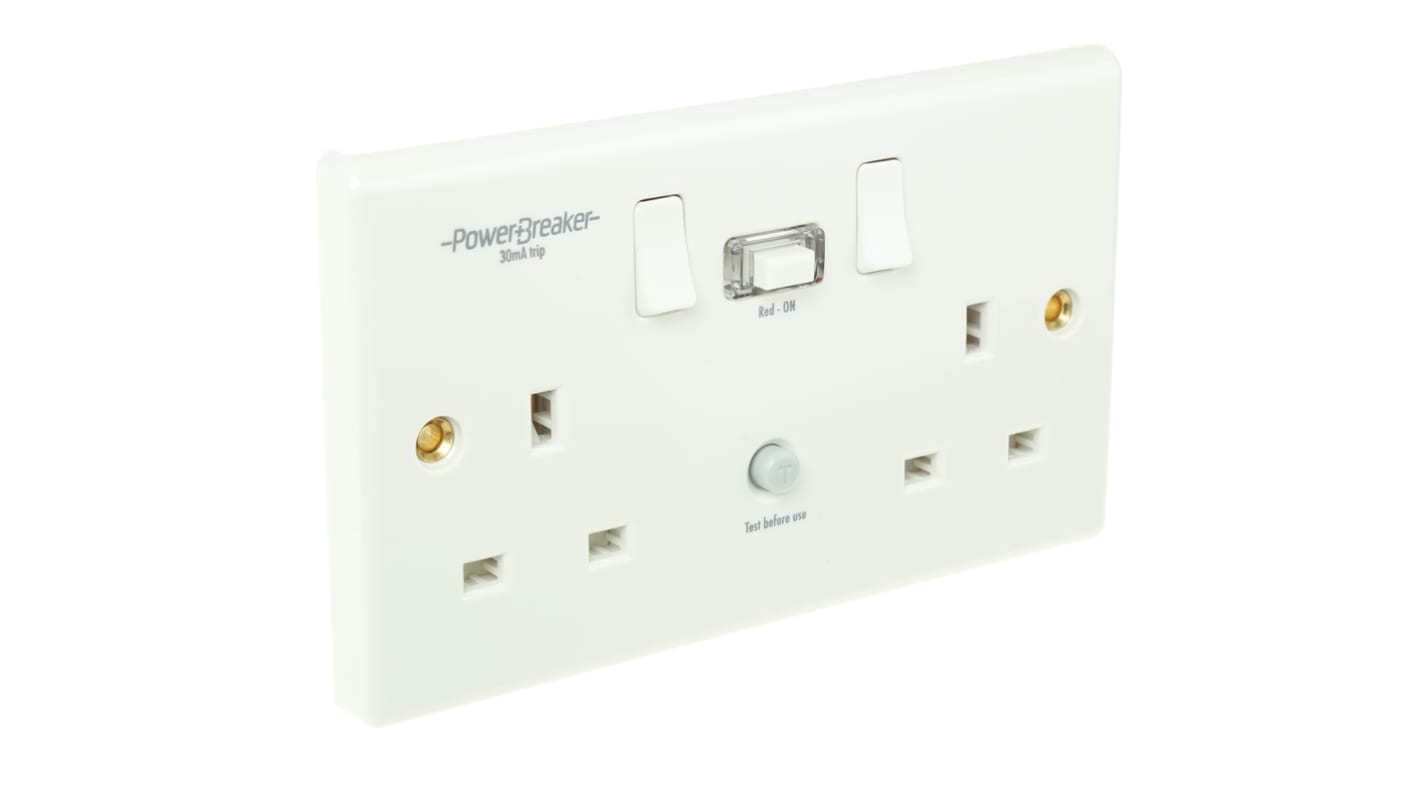 Powerbreaker PowerBreaker H 13A, BS Fixing, Passive, 2 Gang RCD Socket, Polycarbonate, Surface Mount , Switched, 230 V