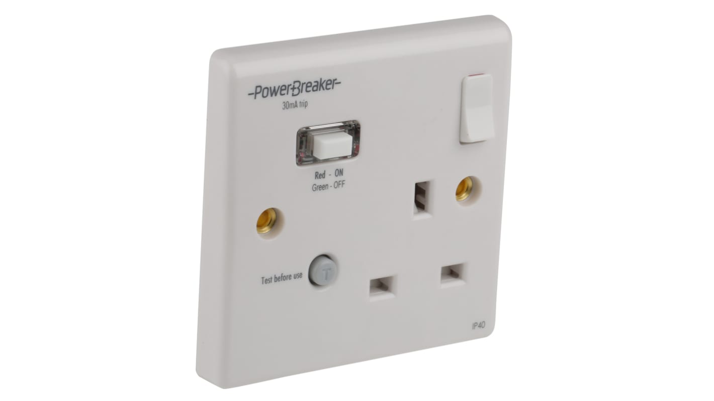 Powerbreaker PowerBreaker H 13A, BS Fixing, Passive, Single Gang RCD Socket, Polycarbonate, Surface Mount , Switched,