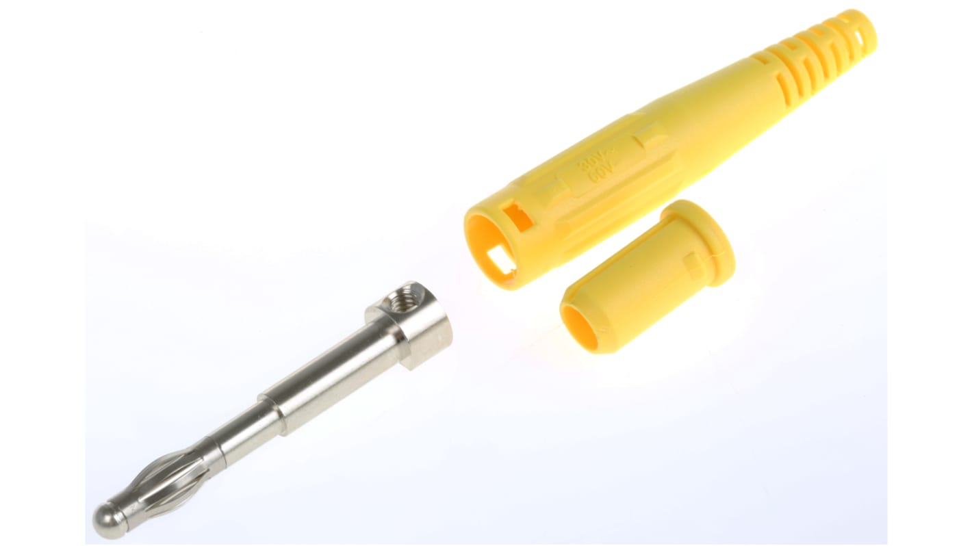 Staubli Yellow Male Banana Plug, 4 mm Connector, Screw Termination, 32A, 30 V, 60V dc, Nickel Plating
