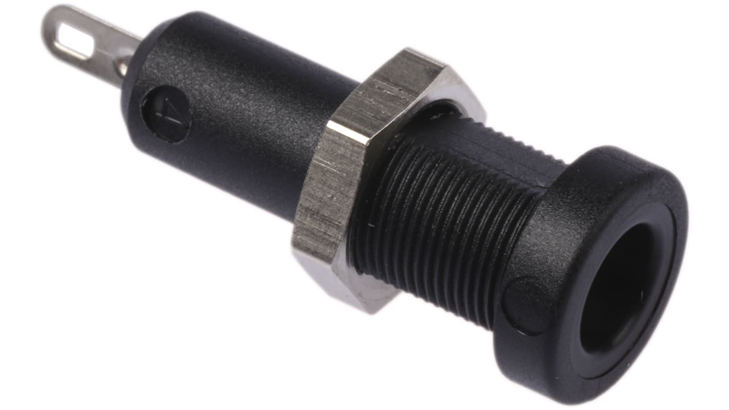 Staubli Black Female Banana Socket, 4 mm Connector, Solder Termination, 25A, 30 V, 60V dc, Nickel Plating