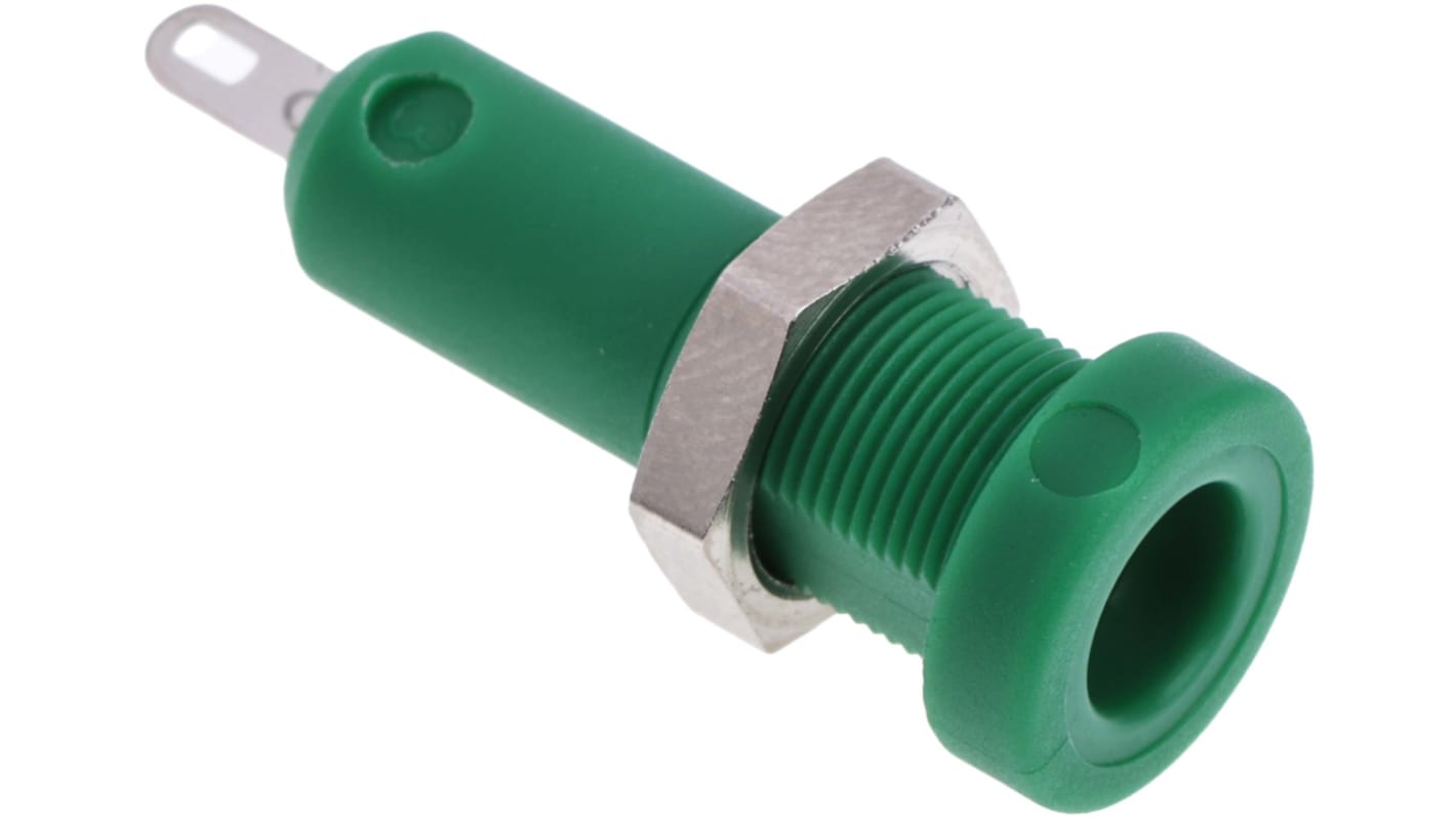 Staubli Green Female Banana Socket, 4 mm Connector, Solder Termination, 25A, 30 V, 60V dc, Nickel Plating