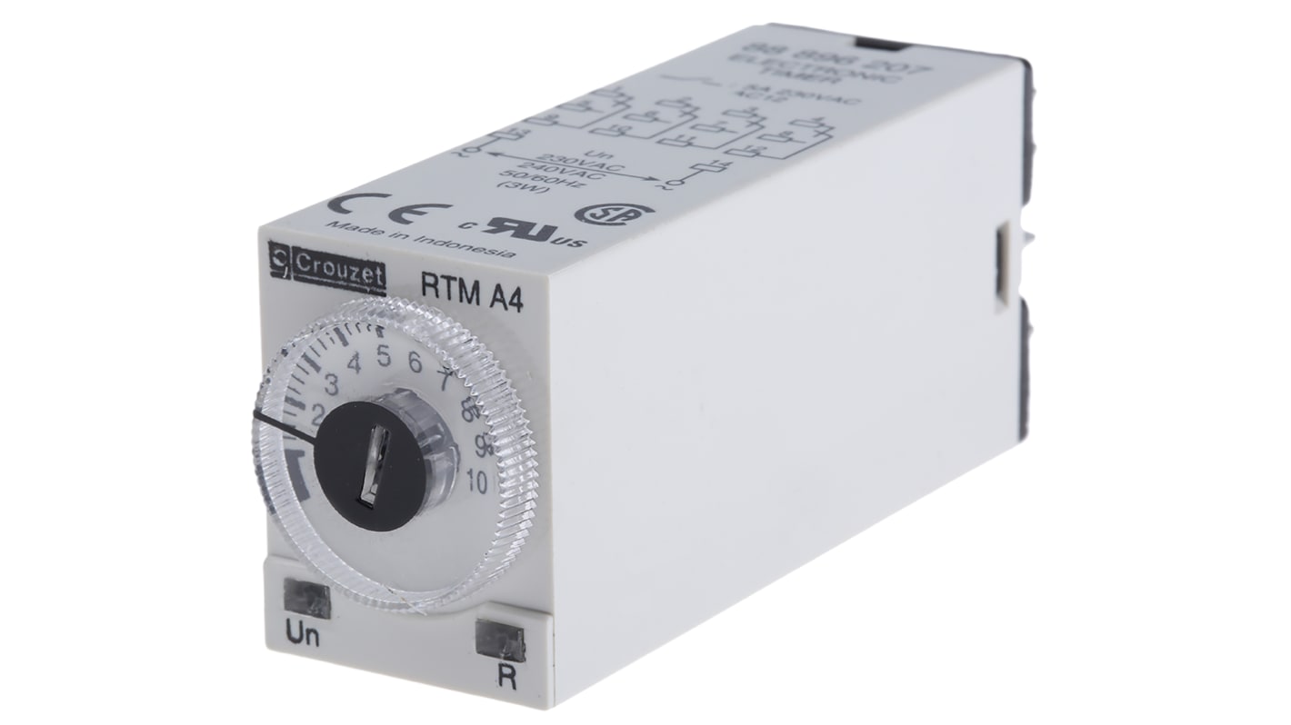 Crouzet DIN Rail Mount Timer Relay, 230 → 240V ac, 4-Contact, 0.1 s → 100h, 1-Function