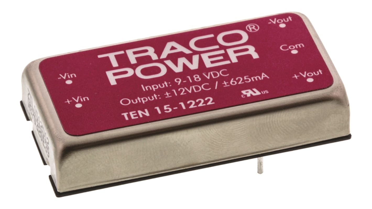 TRACOPOWER TEN 15 DC-DC Converter, ±12V dc/ ±625mA Output, 9 → 18 V dc Input, 15W, Through Hole, +85°C Max Temp