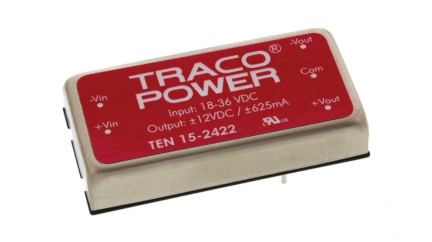 TRACOPOWER TEN 15 DC-DC Converter, ±12V dc/ ±625mA Output, 18 → 36 V dc Input, 15W, PCB Mount, +85°C Max Temp