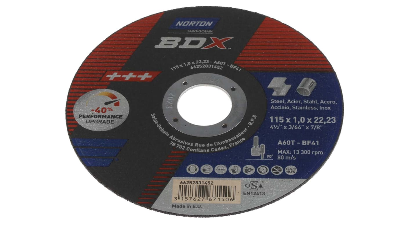 Norton BDX Cutting Disc Aluminiumoxid Slibeskive, 115mm diameter P60 Korn 1mm tyk