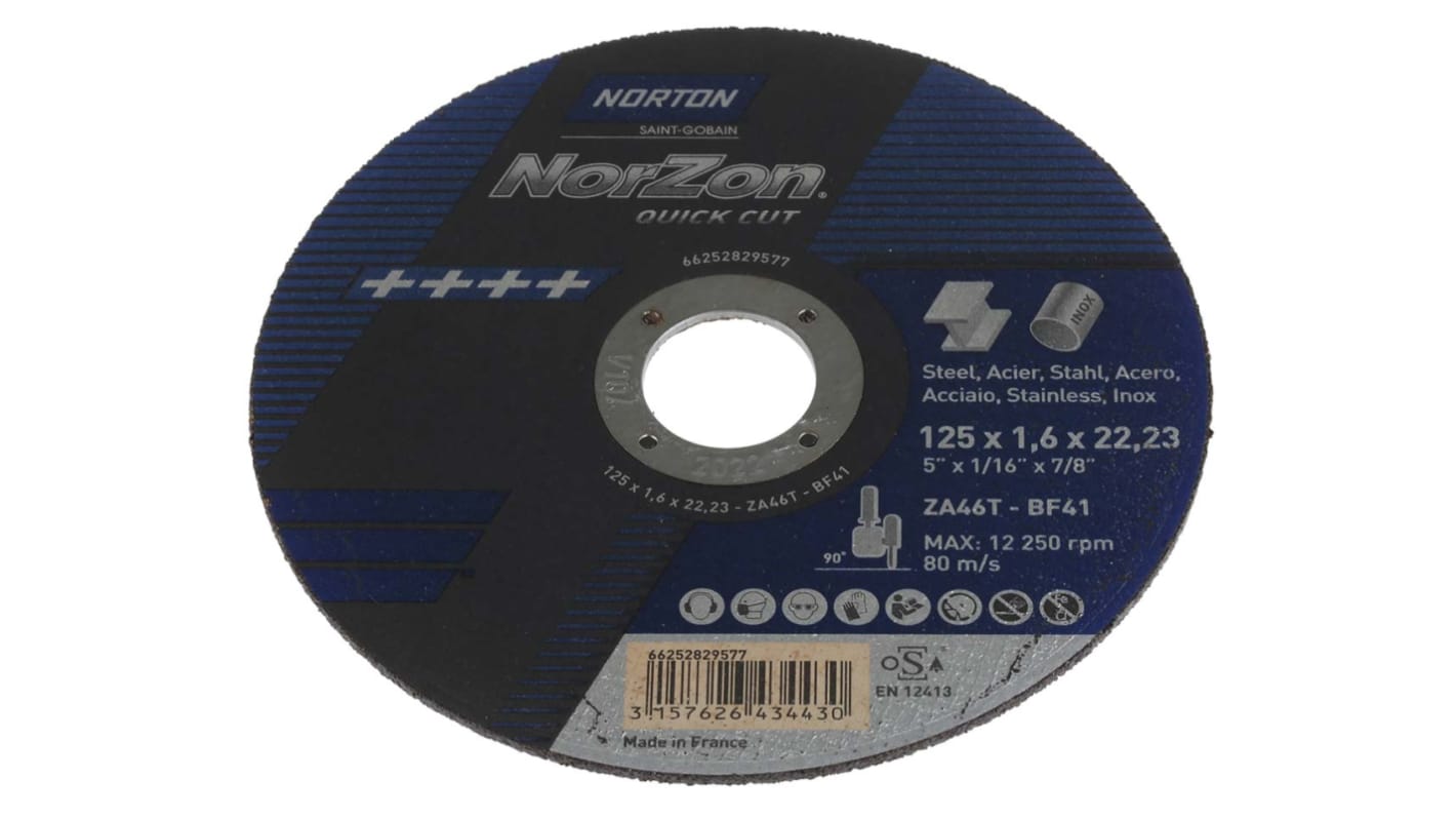 Norton Cutting Disc Zirconium Grinding Disc, 125mm x 1.6mm Thick, P46 Grit, 5 in pack